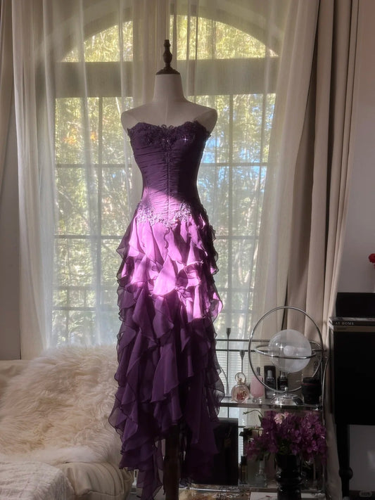 Beautiful A line Strapless Grape Chiffon With Appliqued Lace Sleeveless Formal Gown Prom Dresses MP1132