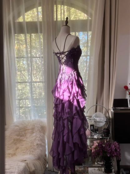 Beautiful A line Strapless Grape Chiffon With Appliqued Lace Sleeveless Formal Gown Prom Dresses MP1132