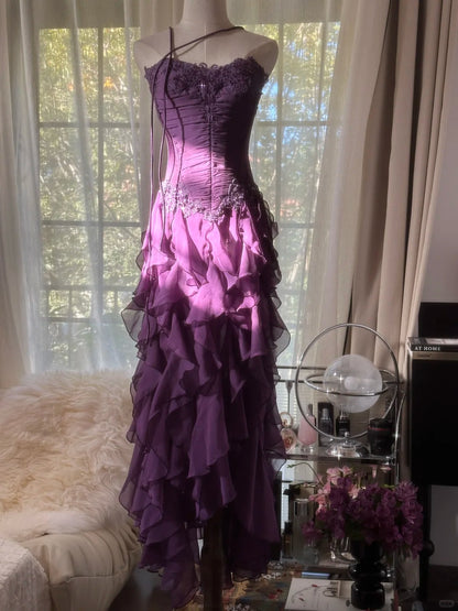Beautiful A line Strapless Grape Chiffon With Appliqued Lace Sleeveless Formal Gown Prom Dresses MP1132