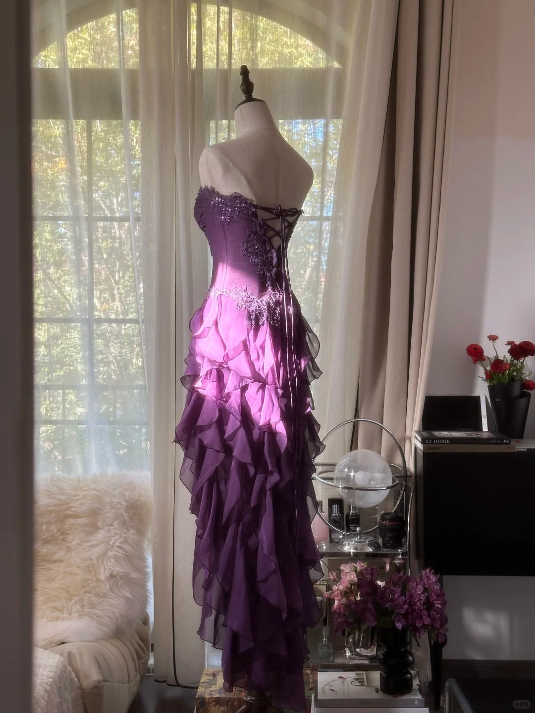 Beautiful A line Strapless Grape Chiffon With Appliqued Lace Sleeveless Formal Gown Prom Dresses MP1132