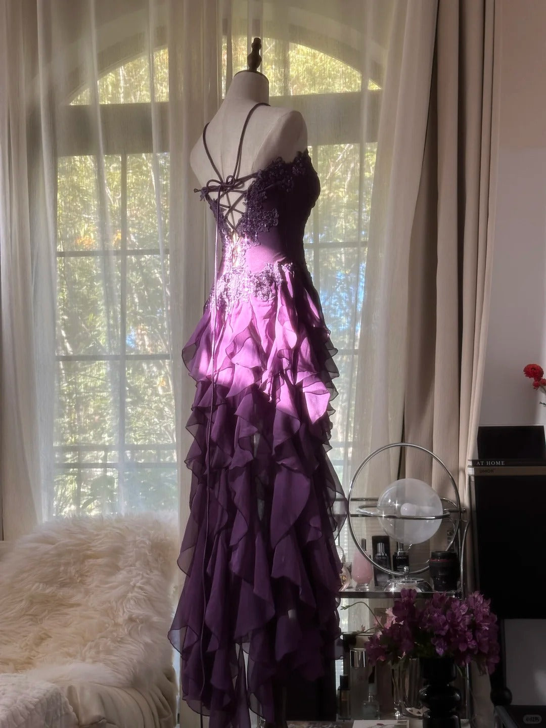 Beautiful A line Strapless Grape Chiffon With Appliqued Lace Sleeveless Formal Gown Prom Dresses MP1132