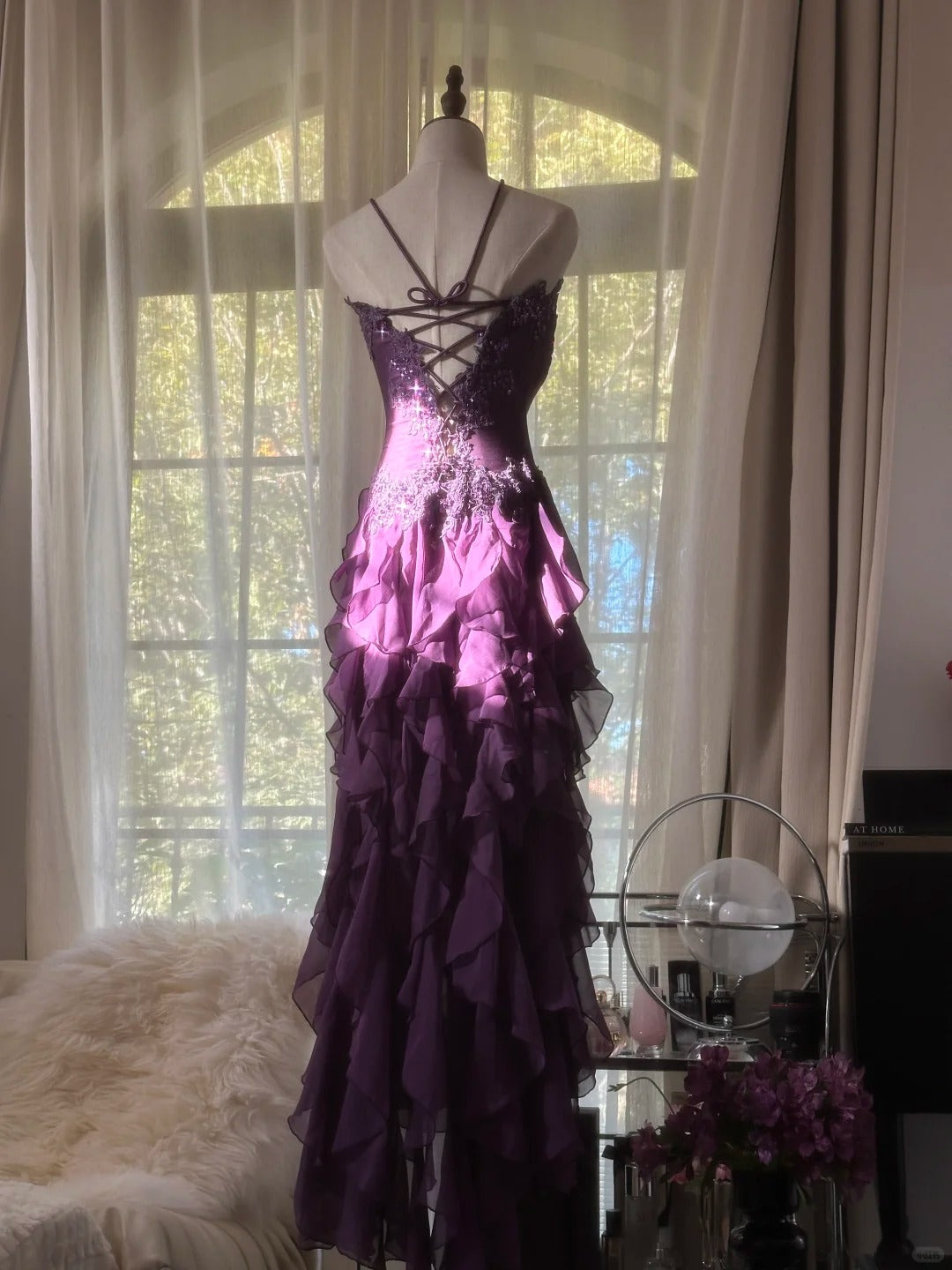 Beautiful A line Strapless Grape Chiffon With Appliqued Lace Sleeveless Formal Gown Prom Dresses MP1132