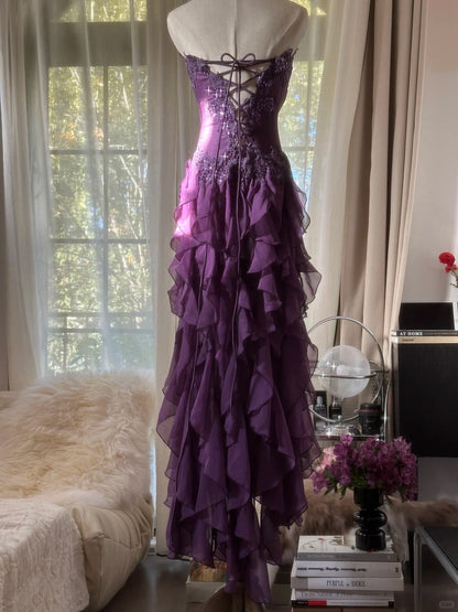 Beautiful A line Strapless Grape Chiffon With Appliqued Lace Sleeveless Formal Gown Prom Dresses MP1132