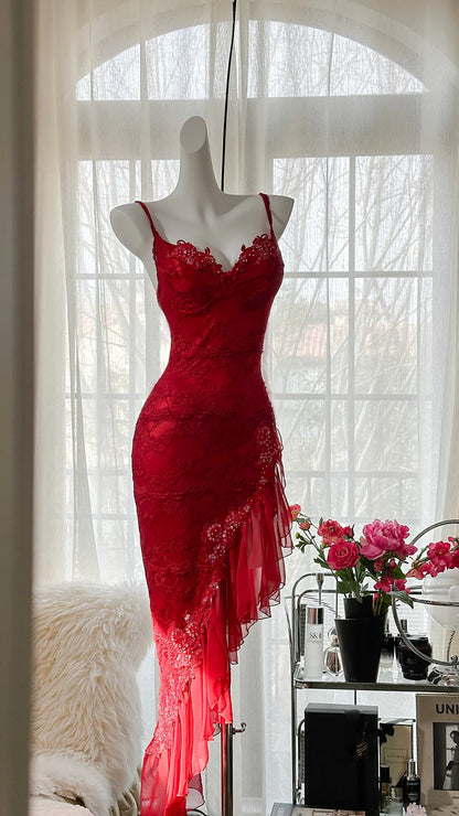Vintage Mermaid Spaghetti Strap Chiffon Asymmetrical Lace Red Formal Gown Evening Night Prom Dresses MP1020