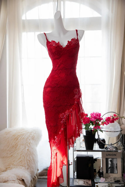 Vintage Mermaid Spaghetti Strap Chiffon Asymmetrical Lace Red Formal Gown Evening Night Prom Dresses MP1020