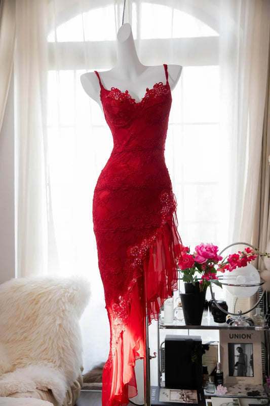 Vintage Mermaid Spaghetti Strap Chiffon Asymmetrical Lace Red Formal Gown Evening Night Prom Dresses MP1020