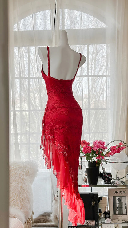 Vintage Mermaid Spaghetti Strap Chiffon Asymmetrical Lace Red Formal Gown Evening Night Prom Dresses MP1020