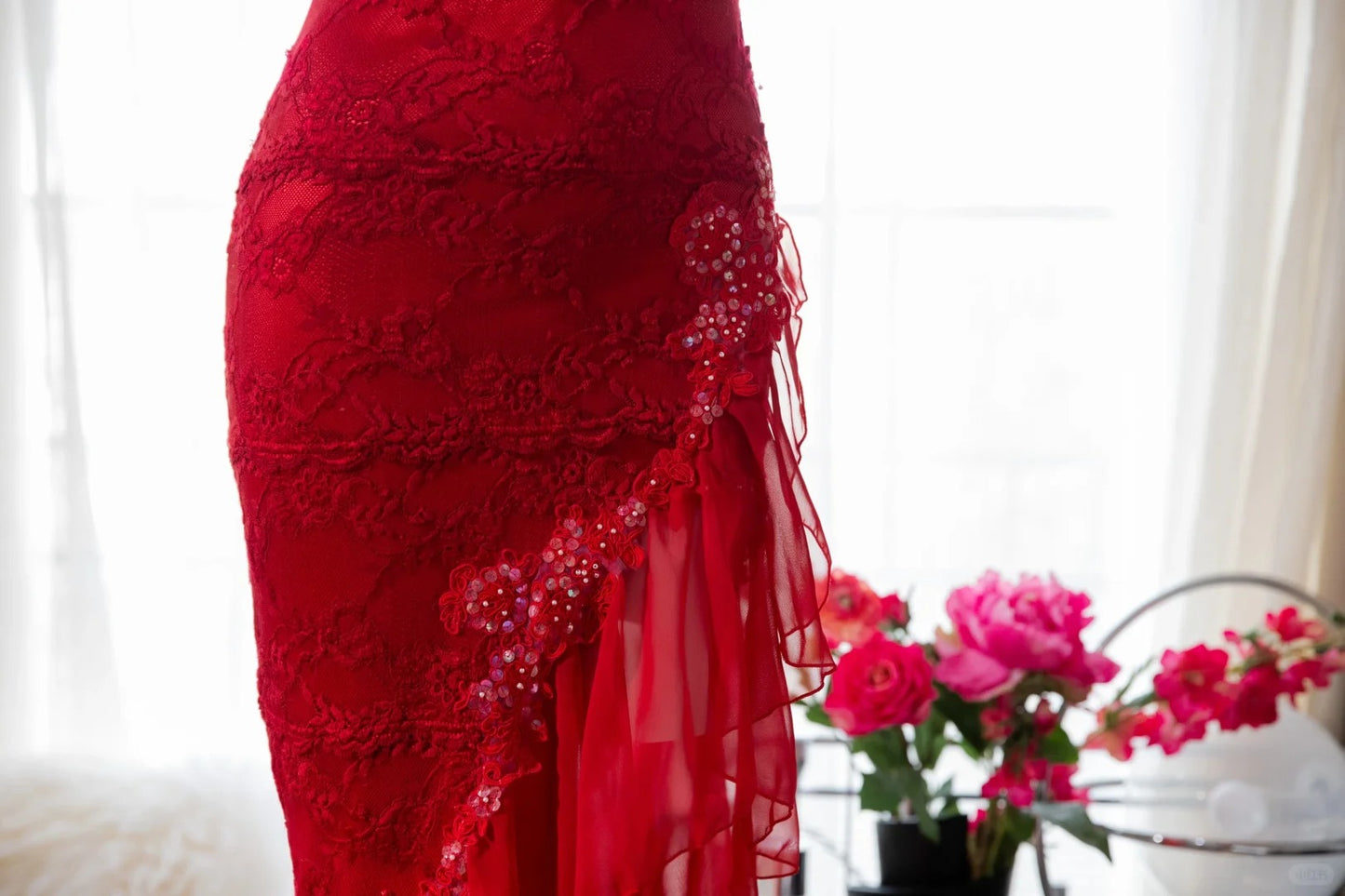 Vintage Mermaid Spaghetti Strap Chiffon Asymmetrical Lace Red Formal Gown Evening Night Prom Dresses MP1020