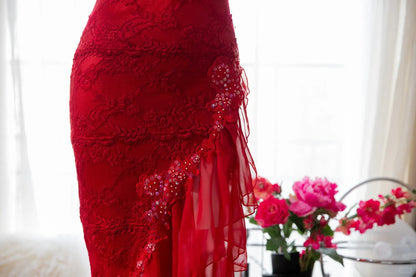 Vintage Mermaid Spaghetti Strap Chiffon Asymmetrical Lace Red Formal Gown Evening Night Prom Dresses MP1020