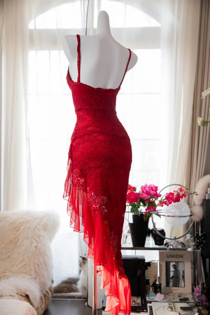Vintage Mermaid Spaghetti Strap Chiffon Asymmetrical Lace Red Formal Gown Evening Night Prom Dresses MP1020