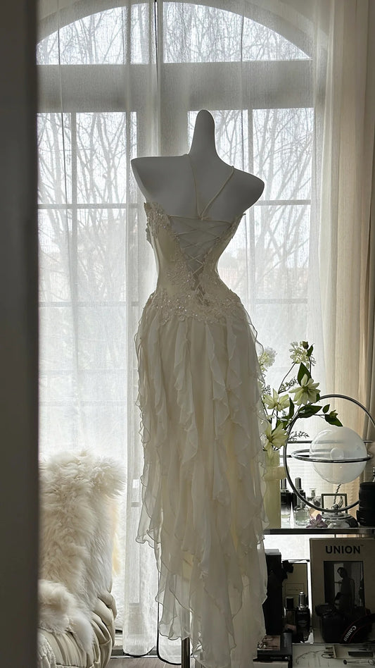 Robe de soirée blanche asymétrique en mousseline de soie à couches, coupe trapèze élégante, bustier cœur, sans manches, pour bal de promo MP982