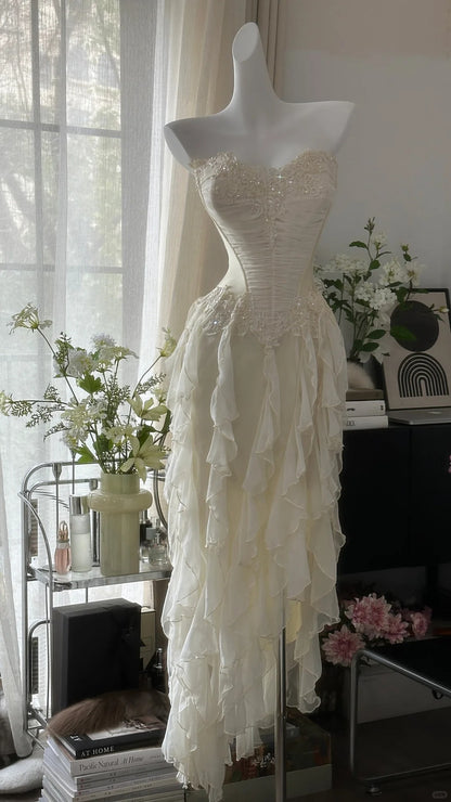 Classy A line Sweetheart Chiffon Layers Irregular White Evening Night Gown Sleeveless Prom Dresses MP982