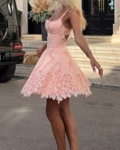 Kurzes, rosafarbenes Spitzen-Minikleid mit Trägern in A-Linie für die Heimkehr, 17. Geburtstag Partykleid MP412