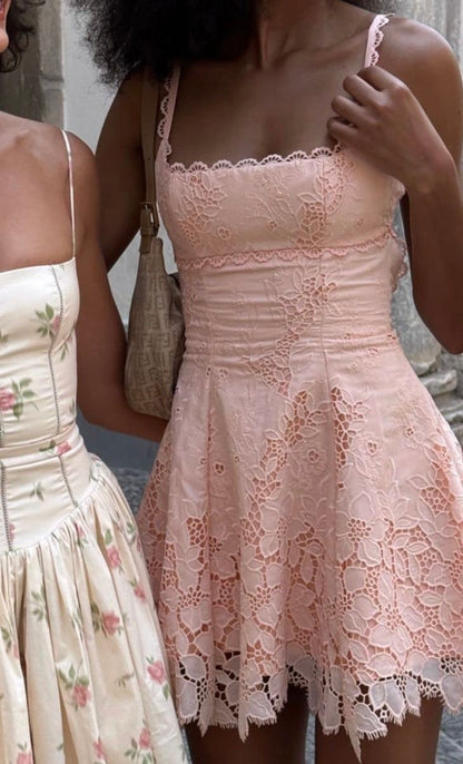 Kurzes, rosafarbenes Spitzen-Minikleid mit Trägern in A-Linie für die Heimkehr, 17. Geburtstag Partykleid MP412