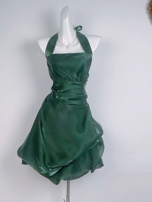 Vintage Dunkelgrünes Neckholder Geblümtes Mini-Heimkehrkleid Hoco-Kleid MP317
