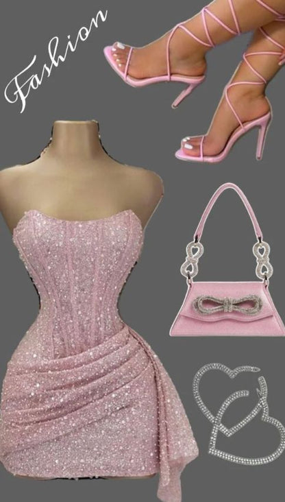 Charmantes Etui-Kleid, trägerlos, pink mit Rüschen, paillettenbesetzt, kurz, Mini, 15., 16. Geburtstag, Homecoming-Kleid MP669