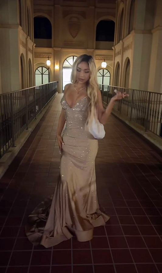 Vintage Mermaid Spaghetti Straps Champagne Sleeveless Prom Dresses Long Formal Dress Graduation Gown MP478