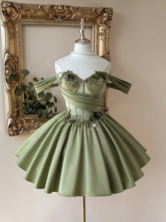 Hübsches Ballkleid schulterfrei olivgrün Satin Abschlussball kurzes Heimkehrkleid Outfits zum 15. Geburtstag MP896