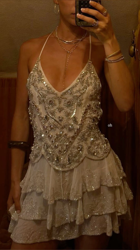 Beautiful robe de cocktail courte à col haut dos nu et perles pour 16e anniversaire MP342