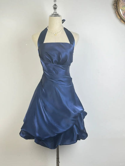 Robe courte de bal de promo à col halter à fleurs vert foncé vintage MP317