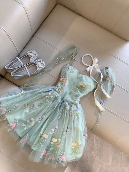 Niedliches Ballkleid mit Spaghettiträgern, floral, grüner Tüll, kurze Outfits zum 16. Geburtstag, Heimkehrkleider MP899