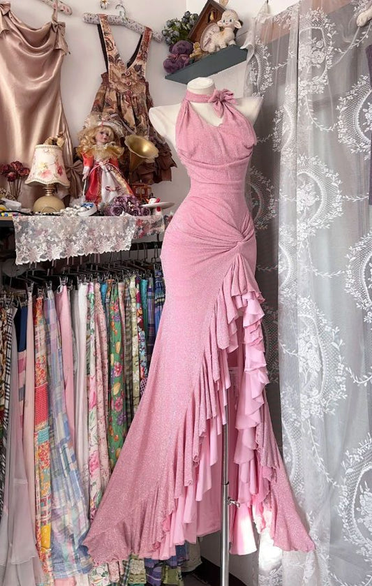 Glitzerndes Meerjungfrauen-Neckholder-Abendkleid Pink Pailletten Ärmellos Lange Länge Ballkleid Damen Partykleider MP532