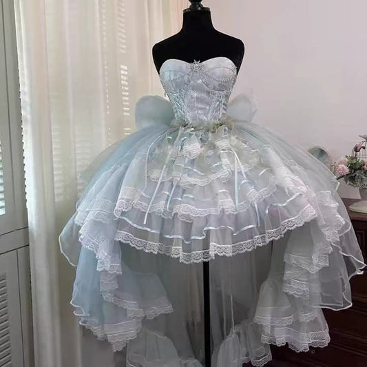 Schönes Ballkleid Trägerlos High Low Spitze Abschlussball Heimkehr Kleid 15. Geburtstag Outfits MP904