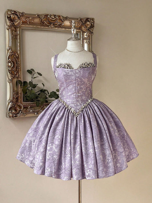 Süßes Ballkleid Spaghettiträger Flieder Spitze Kurze 16. Geburtstag Outfits Heimkehrkleider MP908