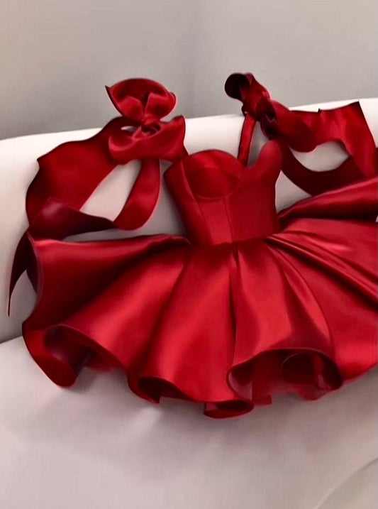 Sexy Ballkleid Spaghettiträger Rot Satin Kurz 17. Geburtstag Outfits Heimkehrkleider MP916