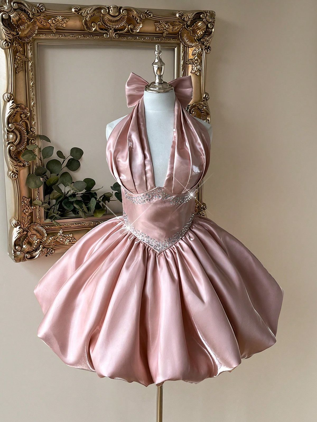 Sexy Ballkleid Neckholder Blush Pink Satin Kurz 17. Geburtstag Outfits Heimkehrkleider MP915