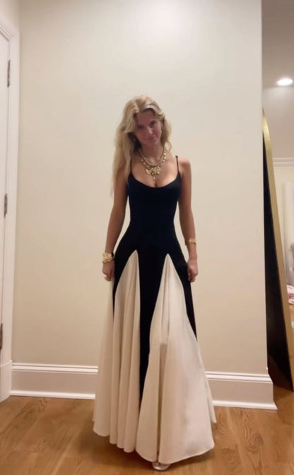 Robe de bal longue en mousseline de soie blanche et noire à fines bretelles, coupe trapèze classique, sans manches, robe de soirée, robe de diplôme MP470
