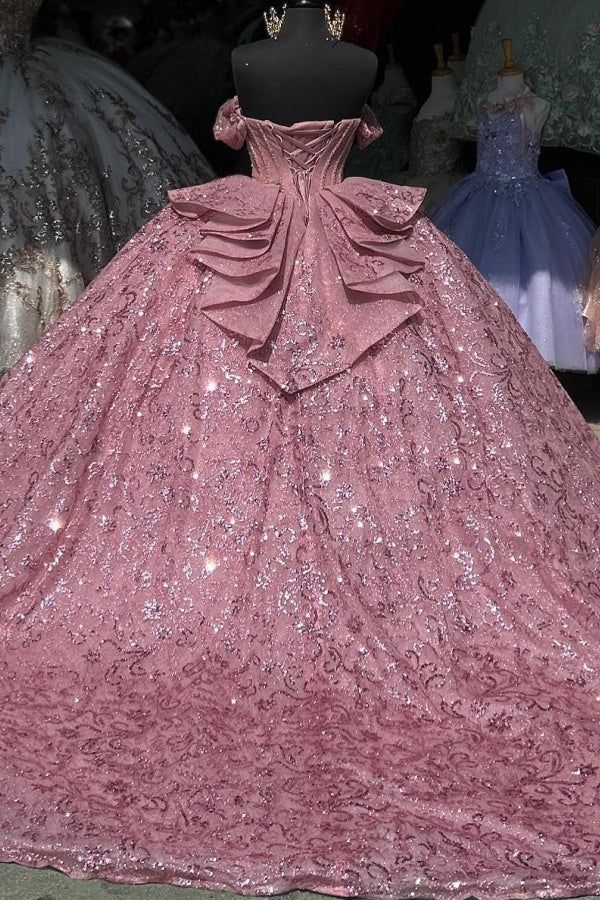 Modest Ball Gown Strapless Pink With Sequins Prom Dresses Sweet 16 Dress Graduation Gown MP522