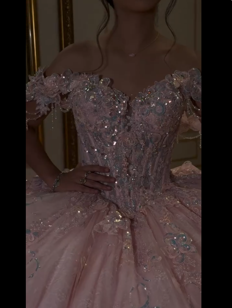 Modest Ball Gown Off The Shoulder Pink With Lace Applique Sweet 16 Dress Graduation Gown MP788