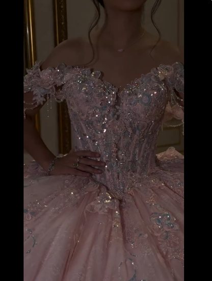 Modest Ball Gown Off The Shoulder Pink With Lace Applique Sweet 16 Dress Graduation Gown MP788