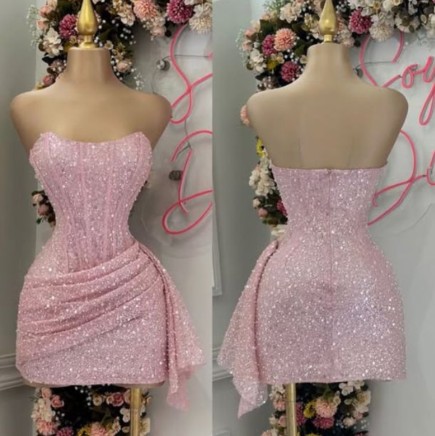 Charmantes Etui-Kleid, trägerlos, pink mit Rüschen, paillettenbesetzt, kurz, Mini, 15., 16. Geburtstag, Homecoming-Kleid MP669