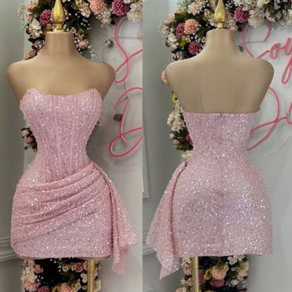 Charmantes Etui-Kleid, trägerlos, pink mit Rüschen, paillettenbesetzt, kurz, Mini, 15., 16. Geburtstag, Homecoming-Kleid MP669