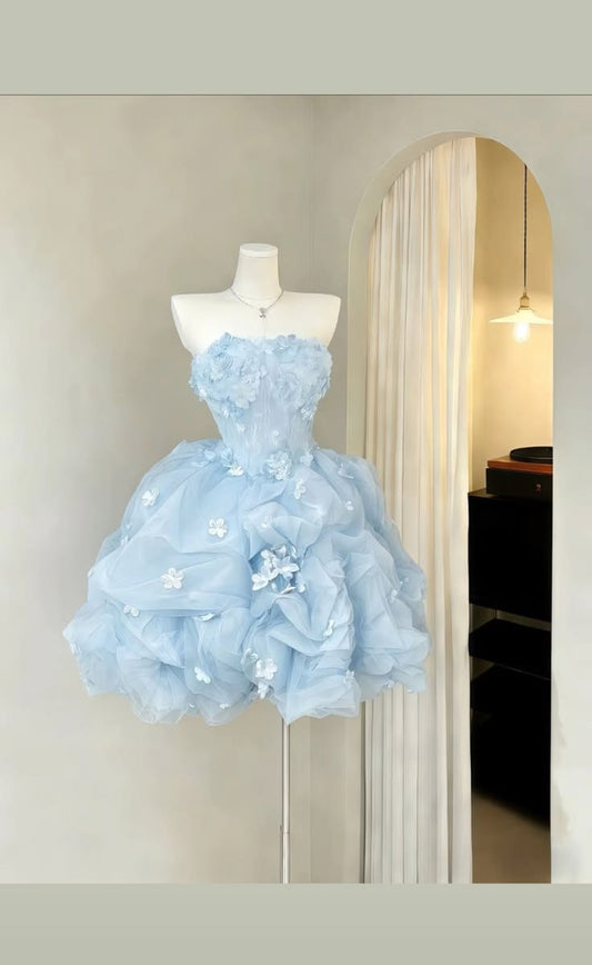 Süßes Ballkleid Trägerlos Hellhimmelblau Blumen Mini Kurz 16. Geburtstag Outfits Heimkehrkleider MP922