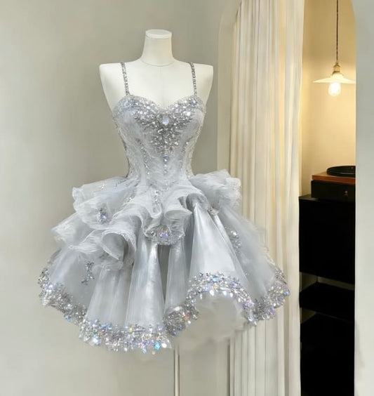 Prinzessin Ballkleid Spaghettiträger Silbergrau Abschluss Kurz Heimkehrkleid 15. Geburtstag Outfits MP815