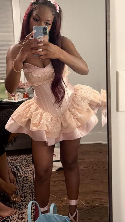Robe de bal mignonne bustier rose poudré avec dentelle satin courte mini 15 16 tenues d'anniversaire robe de rentrée MP756