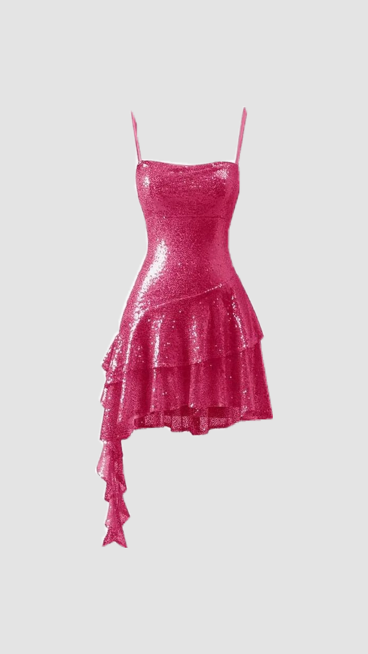 Einzigartige Scheide Spaghettiträger Hot Pink Pailletten Kurze Mini Homecoming Kleider Party Outfit MP300