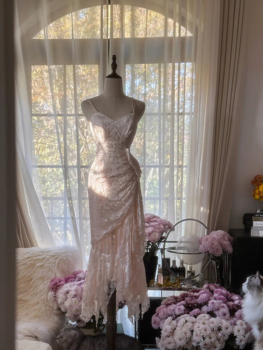 Modest Mermaid Spaghetti Strap Light Pink Sleeveless Mid Length Formal Gown Evening Night Prom Dresses MP1058