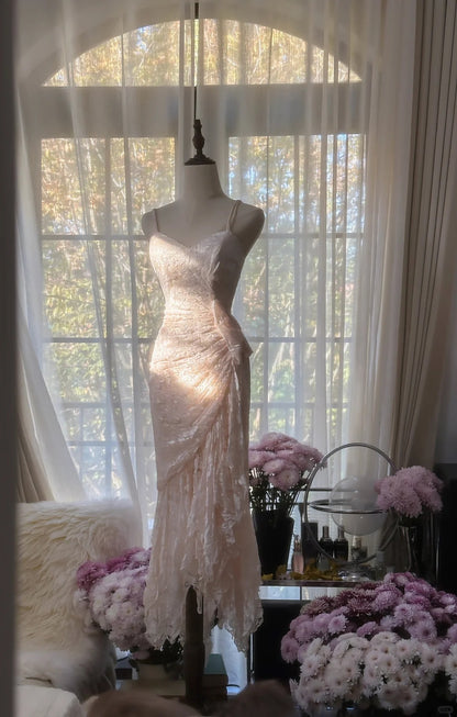 Modest Mermaid Spaghetti Strap Light Pink Sleeveless Mid Length Formal Gown Evening Night Prom Dresses MP1058