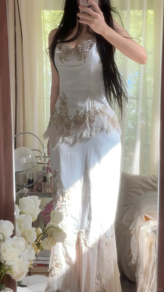 Modest Mermaid Spaghetti Strap White Sleeveless Chiffon Long Formal Gown Evening Night Prom Dresses MP1059