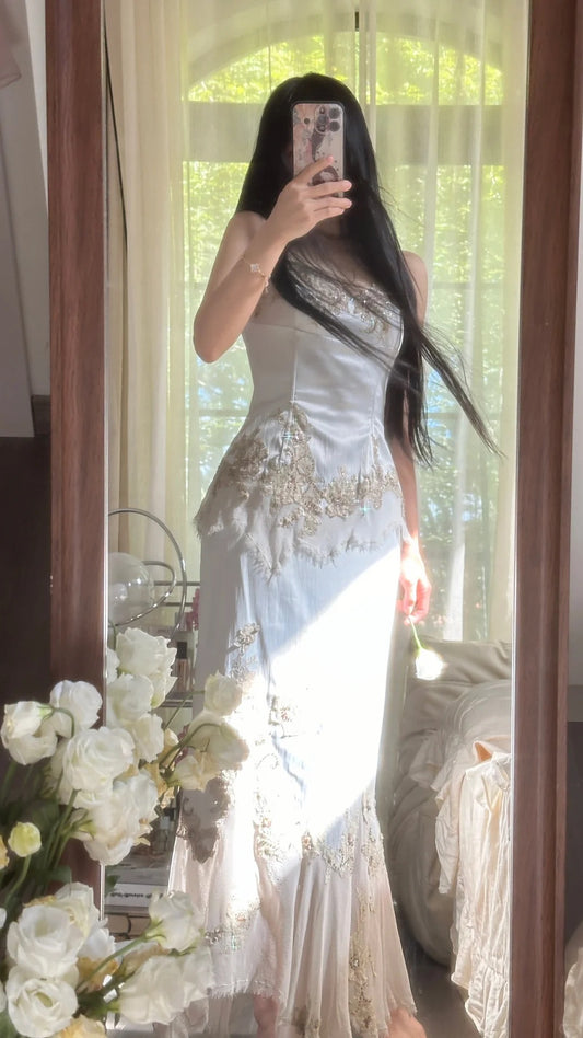 Modest Mermaid Spaghetti Strap White Sleeveless Chiffon Long Formal Gown Evening Night Prom Dresses MP1059