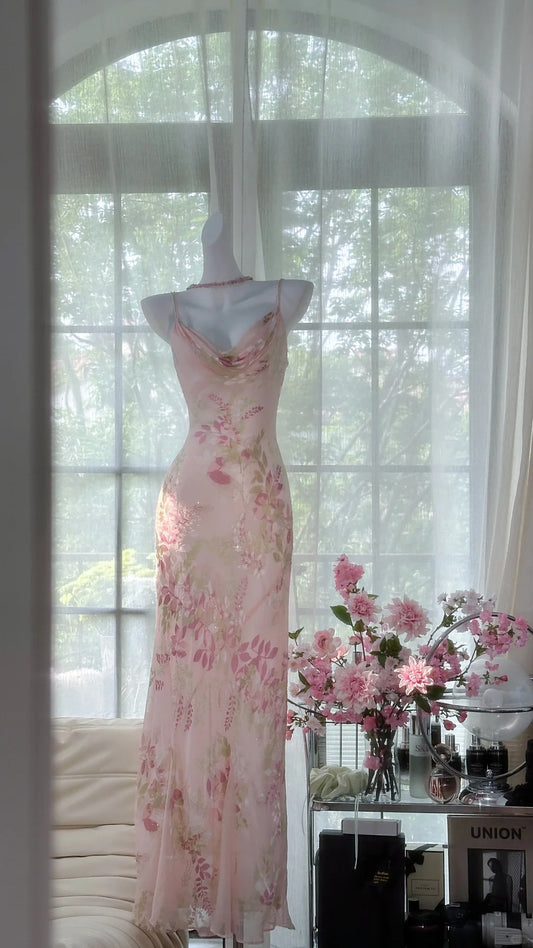 Vintage Mermaid Spaghetti Strap Pink Floral Chiffon Irregular Evening Night Gown Sleeveless Prom Dresses MP987