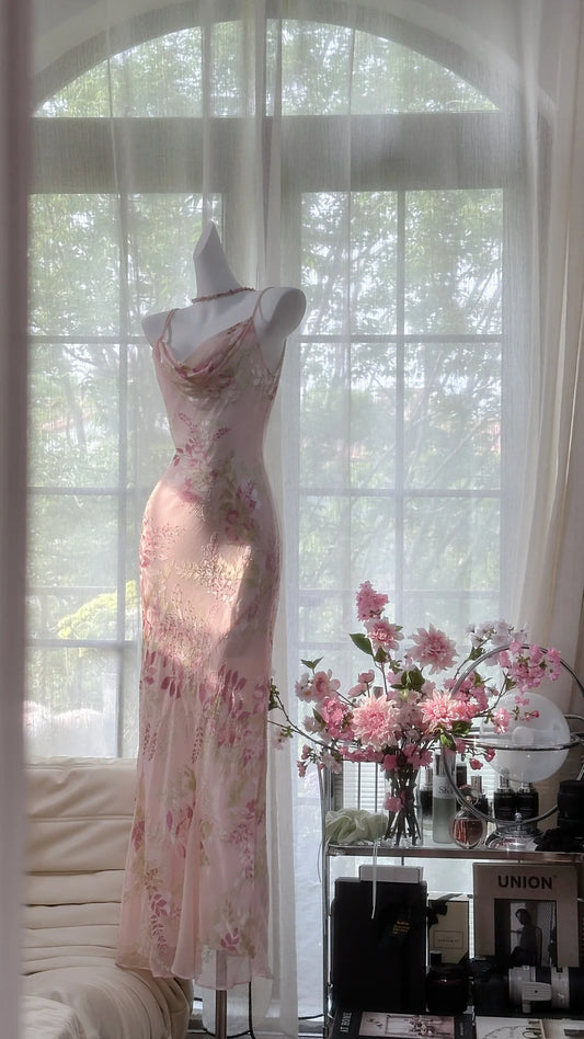 Vintage Mermaid Spaghetti Strap Pink Floral Chiffon Irregular Evening Night Gown Sleeveless Prom Dresses MP987