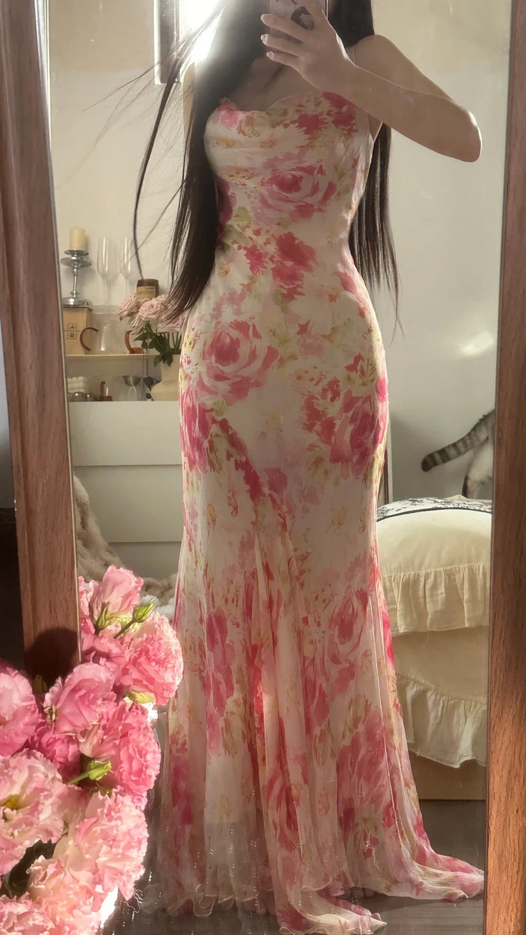Elegantes & Ätherisches Meerjungfrauenkleid mit Spaghettiträgern, pinkem Blumenmuster, aus Chiffon, ärmellos, für Gala, Schönheitswettbewerb, Ballkleider MP1140