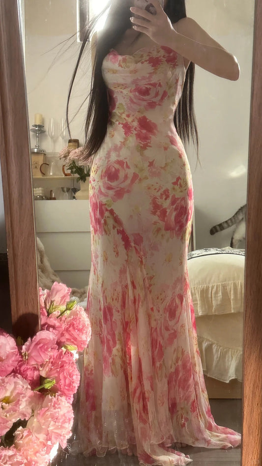 Robe de Bal/Gala Longue Sirène sans Manches en Chiffon Rose à Bretelles Fines Florales, Classe et Éthérée MP1140