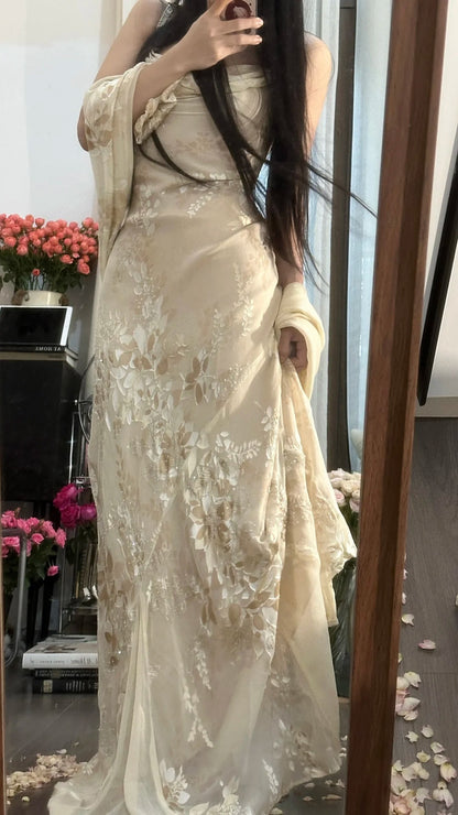 Bescheidenes Meerjungfrauen-Spaghettiträger-Champagner-Spitzen-ärmelloses Chiffon-langes formelles Abendballkleid MP1060