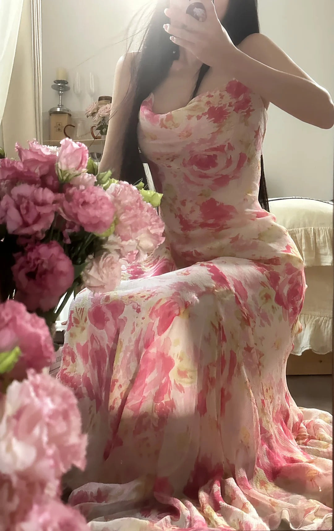 Elegantes & Ätherisches Meerjungfrauenkleid mit Spaghettiträgern, pinkem Blumenmuster, aus Chiffon, ärmellos, für Gala, Schönheitswettbewerb, Ballkleider MP1140